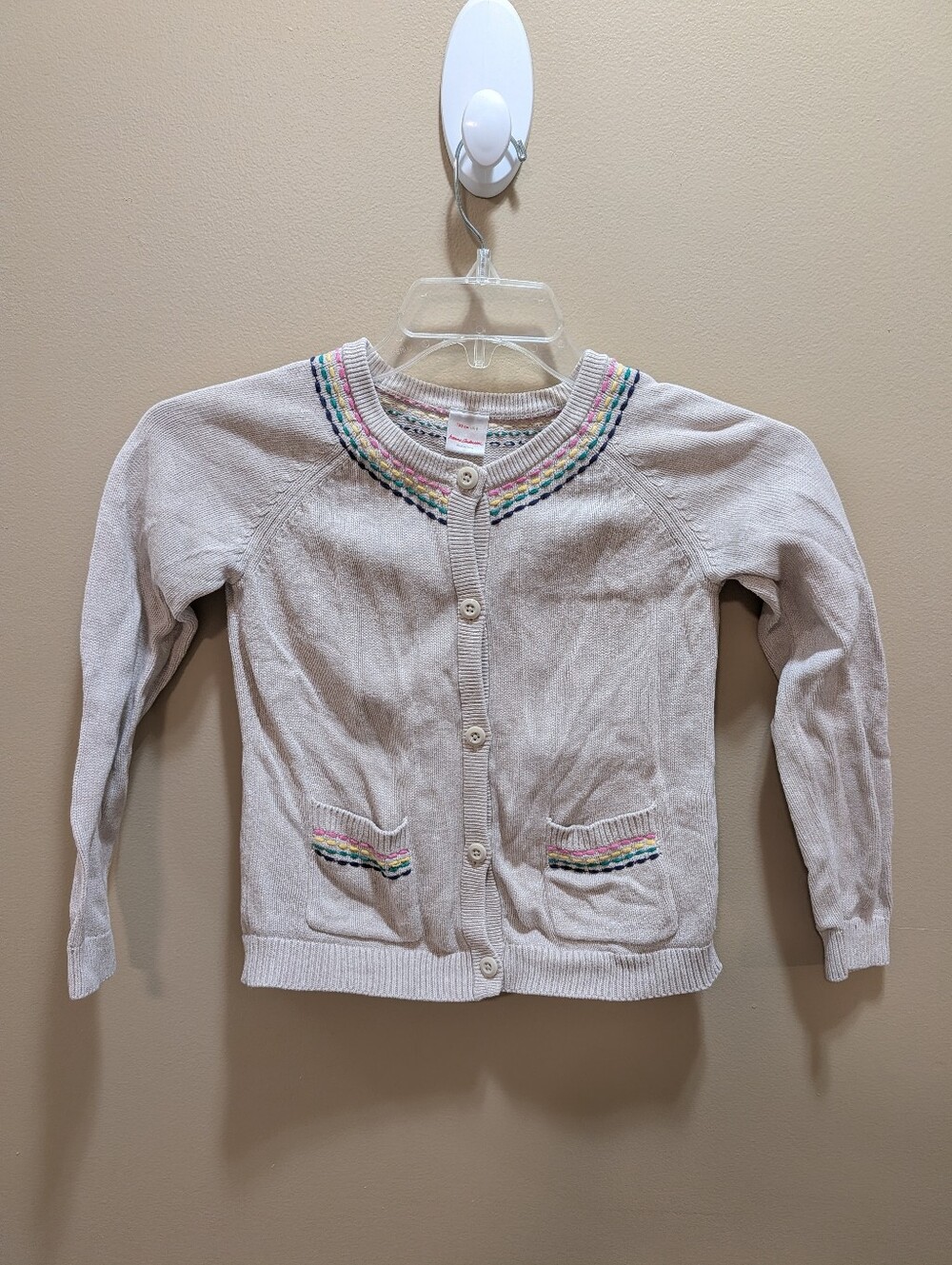 Hanna Andersson Cream Knit Cardigan with Multicolor Neck Trim Size 8